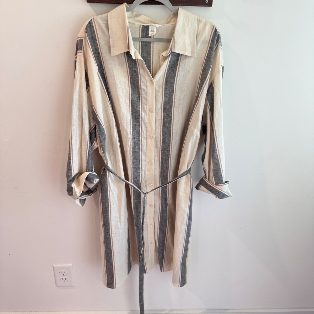 H&M Linen Blend Striped Shirt Dress XXL Cream Charcoal Tan Belted Button Front